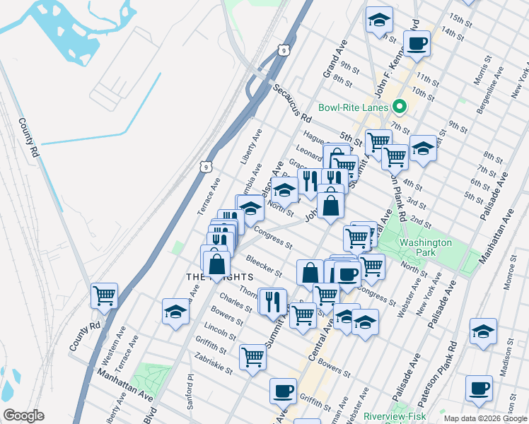 map of restaurants, bars, coffee shops, grocery stores, and more near 256 Congress Street in Jersey City