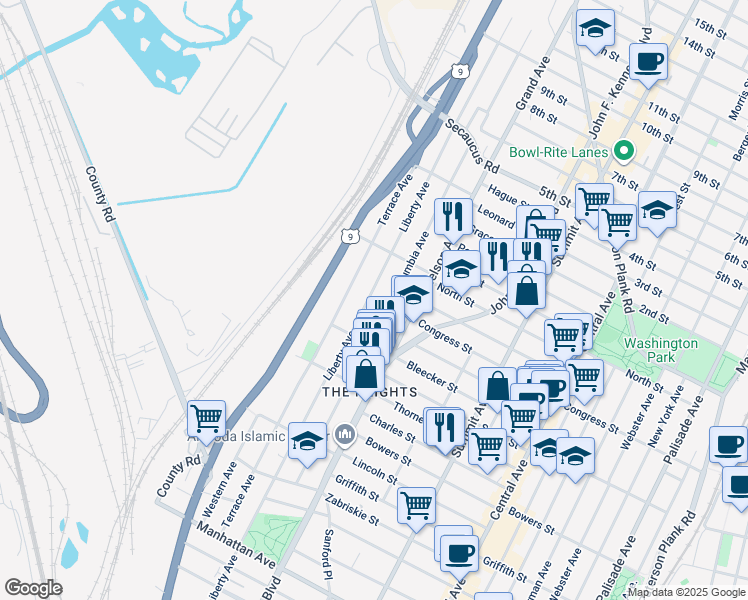map of restaurants, bars, coffee shops, grocery stores, and more near 153 Columbia Avenue in Jersey City