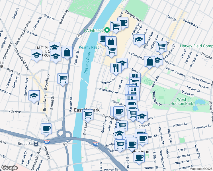 map of restaurants, bars, coffee shops, grocery stores, and more near 34 Johnston Avenue in Kearny