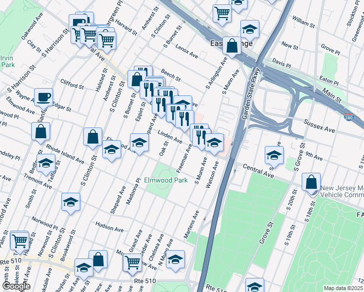 map of restaurants, bars, coffee shops, grocery stores, and more near 31 Freeman Avenue in East Orange