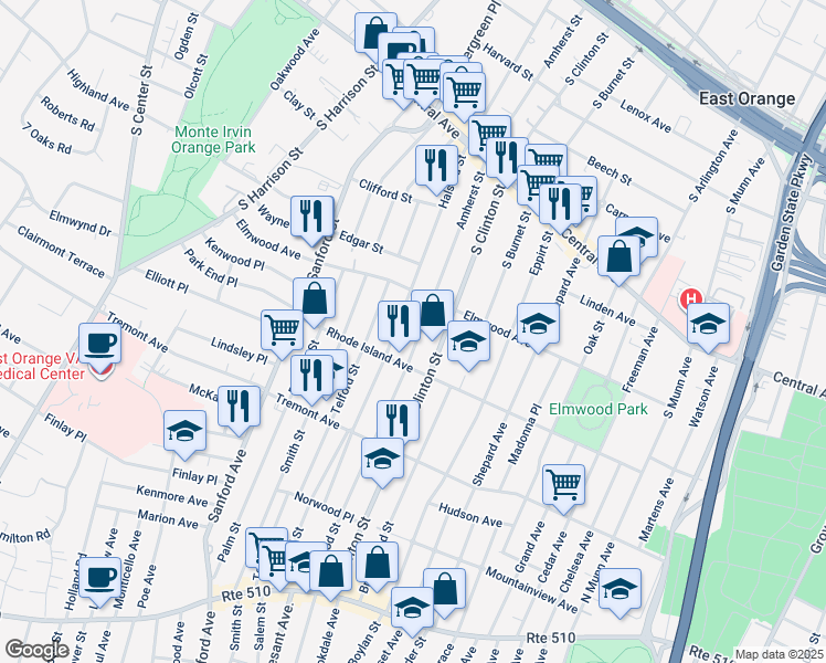map of restaurants, bars, coffee shops, grocery stores, and more near 402 Halsted Street in East Orange