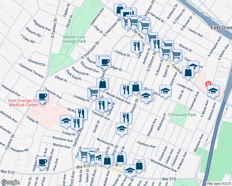 map of restaurants, bars, coffee shops, grocery stores, and more near 60 Telford Street in East Orange