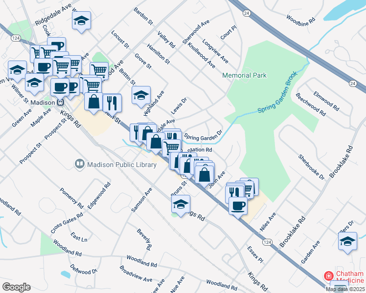map of restaurants, bars, coffee shops, grocery stores, and more near 8 Station Road in Madison