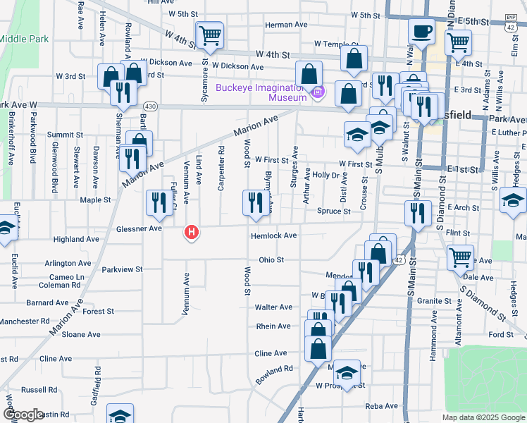 map of restaurants, bars, coffee shops, grocery stores, and more near 262 Glessner Avenue in Mansfield