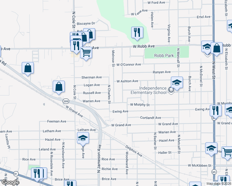 map of restaurants, bars, coffee shops, grocery stores, and more near 1109 Northwold St in Lima