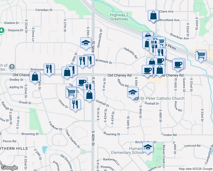 map of restaurants, bars, coffee shops, grocery stores, and more near 4100 Kipling Place in Lincoln