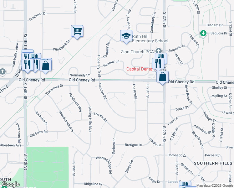 map of restaurants, bars, coffee shops, grocery stores, and more near 5910 Norman Road in Lincoln