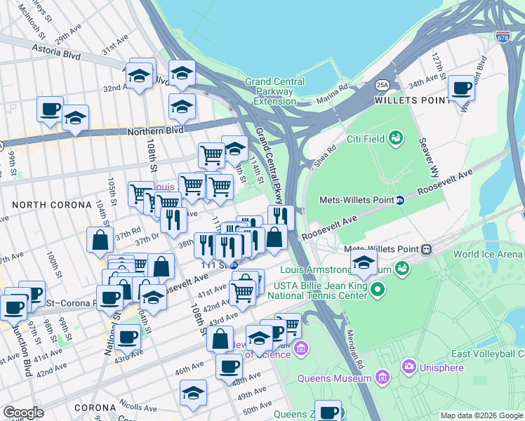 map of restaurants, bars, coffee shops, grocery stores, and more near 112-31 39th Avenue in Queens