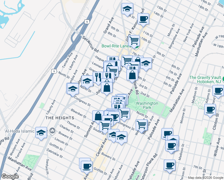 map of restaurants, bars, coffee shops, grocery stores, and more near 34 Irving Street in Jersey City