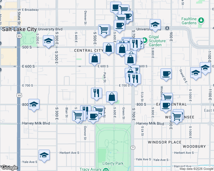 map of restaurants, bars, coffee shops, grocery stores, and more near 718 600 East in Salt Lake City