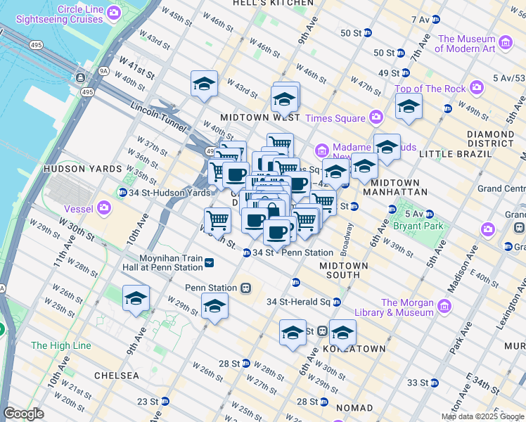 map of restaurants, bars, coffee shops, grocery stores, and more near 520 8th Avenue in New York