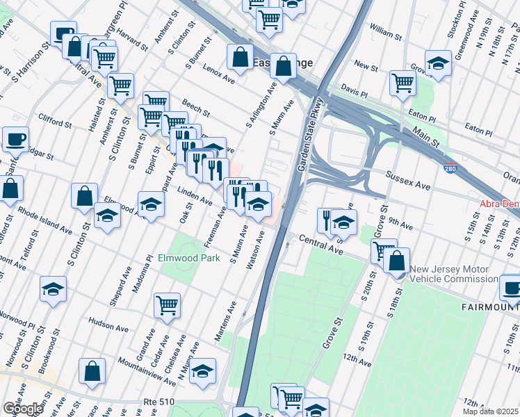 map of restaurants, bars, coffee shops, grocery stores, and more near 80 South Munn Avenue in East Orange