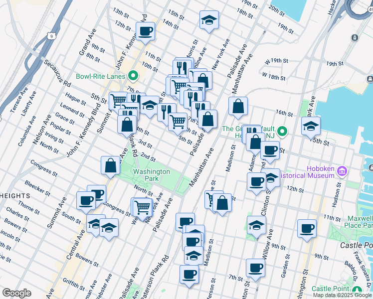 map of restaurants, bars, coffee shops, grocery stores, and more near 307 Palisade Avenue in Union City