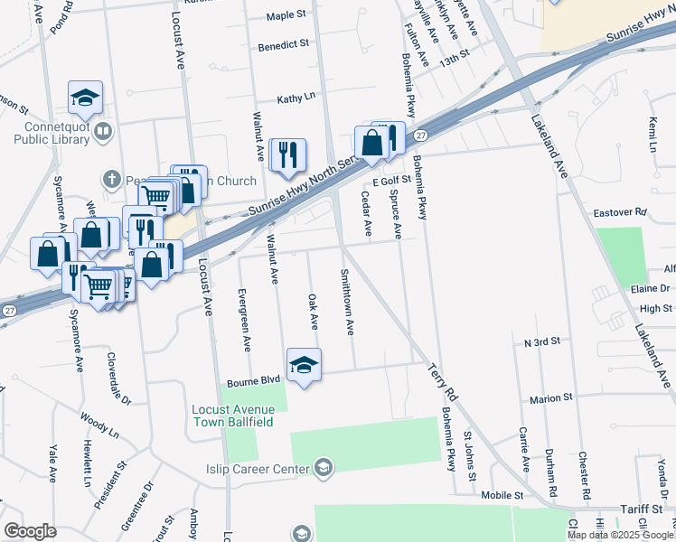 map of restaurants, bars, coffee shops, grocery stores, and more near 580 Smithtown Avenue in Bohemia
