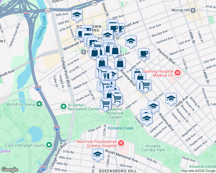 map of restaurants, bars, coffee shops, grocery stores, and more near 4210 Colden Street in Queens