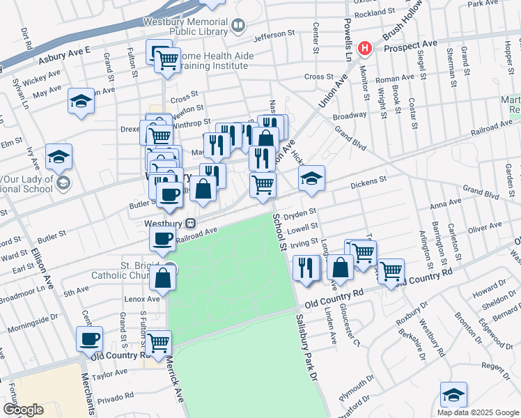 map of restaurants, bars, coffee shops, grocery stores, and more near 278-498 Railroad Ave in Westbury