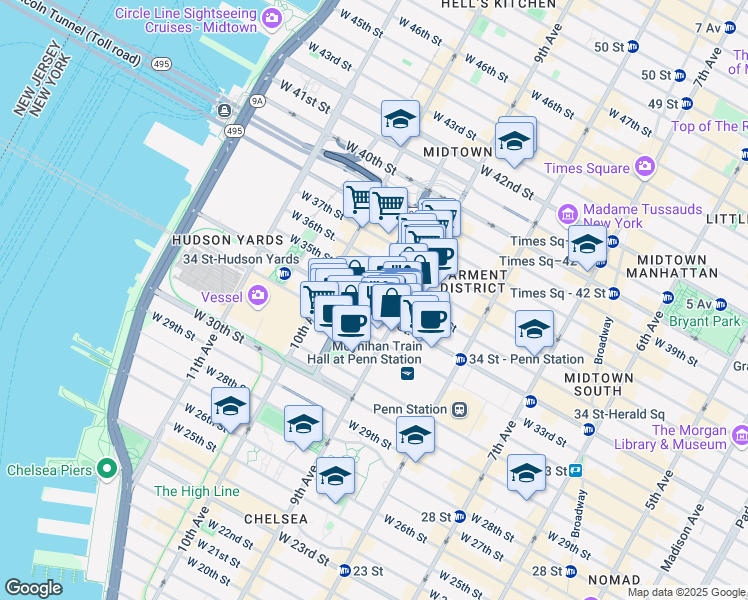 map of restaurants, bars, coffee shops, grocery stores, and more near 419 West 34th Street in New York