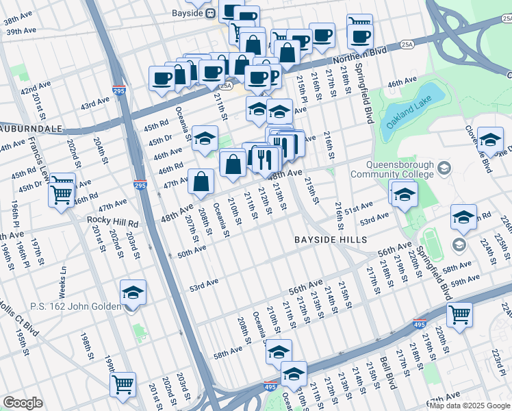map of restaurants, bars, coffee shops, grocery stores, and more near 48-62 212th Street in Queens