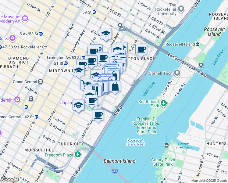 map of restaurants, bars, coffee shops, grocery stores, and more near 427 East 50th Street in New York