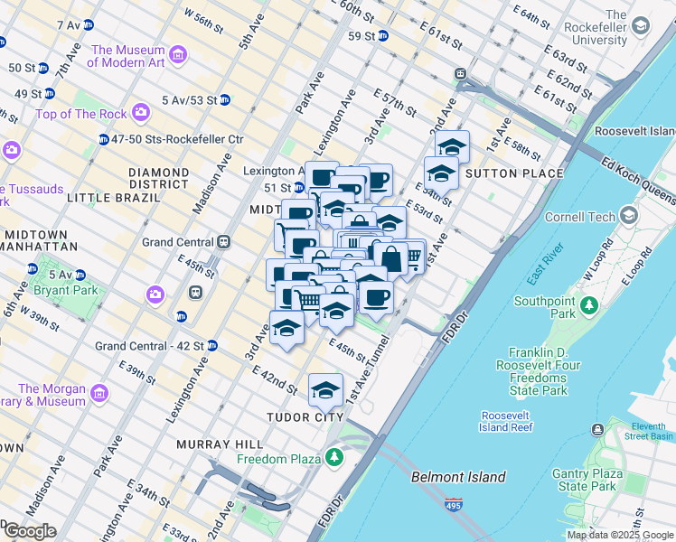 map of restaurants, bars, coffee shops, grocery stores, and more near 903 2nd Avenue in New York