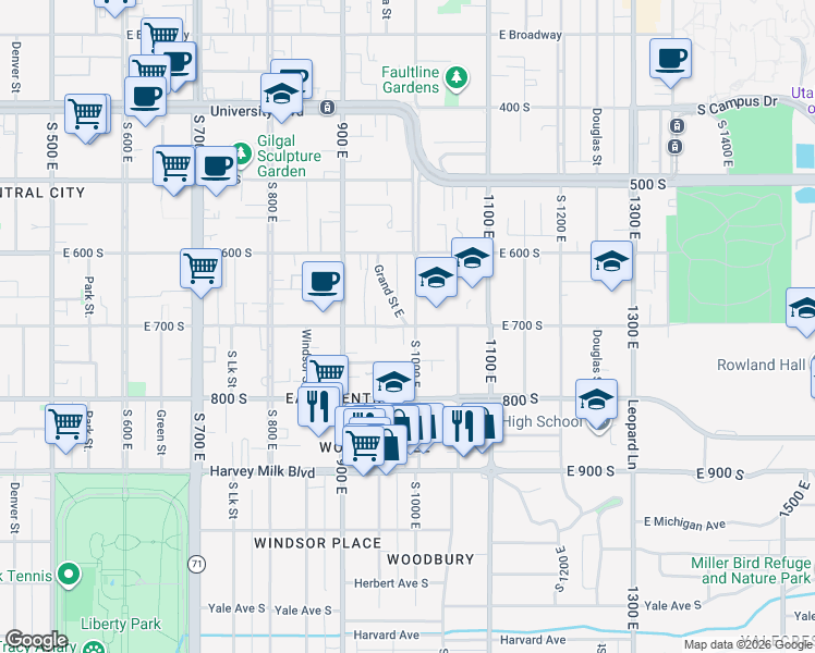 map of restaurants, bars, coffee shops, grocery stores, and more near E 700 S & Grand St in Salt Lake City