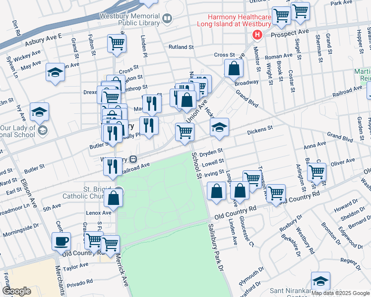 map of restaurants, bars, coffee shops, grocery stores, and more near 278 Railroad Avenue in Westbury