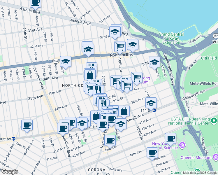 map of restaurants, bars, coffee shops, grocery stores, and more near 104-8 37th Avenue in Queens