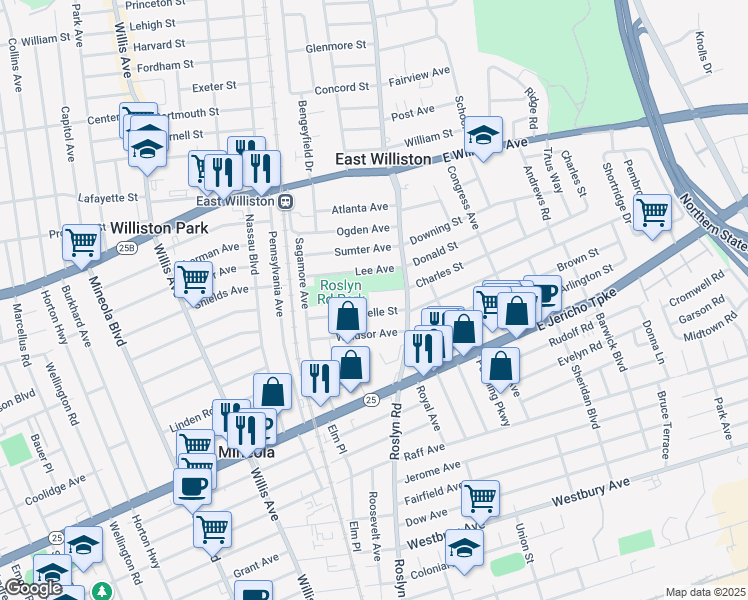 map of restaurants, bars, coffee shops, grocery stores, and more near 55 Roselle Street in Mineola