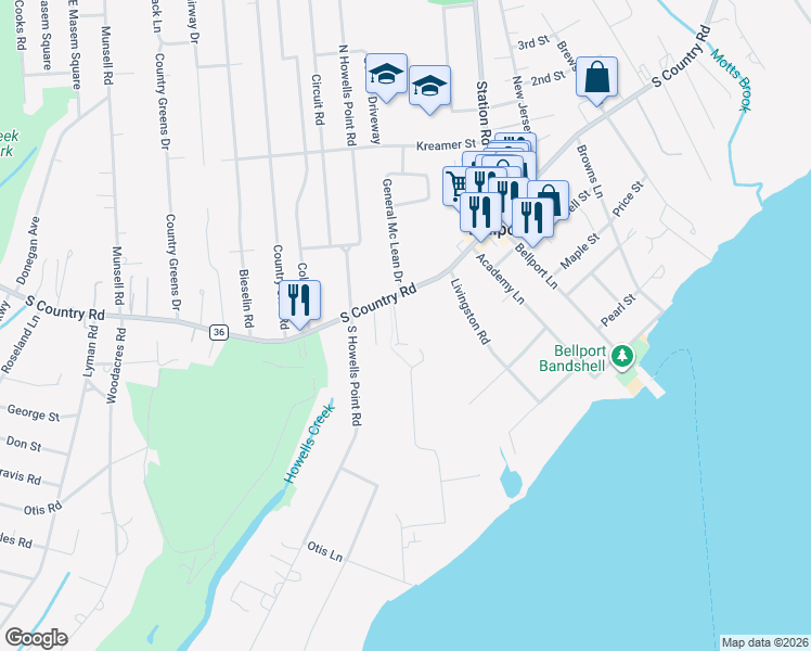 map of restaurants, bars, coffee shops, grocery stores, and more near 5 Smythe Court in Bellport