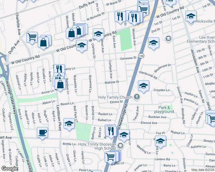 map of restaurants, bars, coffee shops, grocery stores, and more near 130 West Avenue in Hicksville