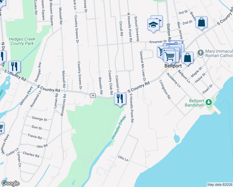 map of restaurants, bars, coffee shops, grocery stores, and more near 52 South Country Road in Bellport