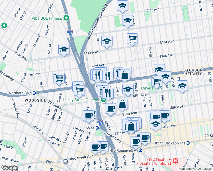 map of restaurants, bars, coffee shops, grocery stores, and more near 33-29 70th Street in Queens