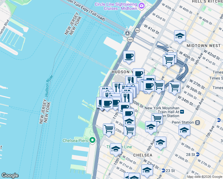 map of restaurants, bars, coffee shops, grocery stores, and more near 807 West 30th Street in New York