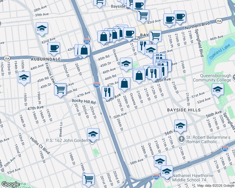 map of restaurants, bars, coffee shops, grocery stores, and more near 48-19 207th Street in Queens