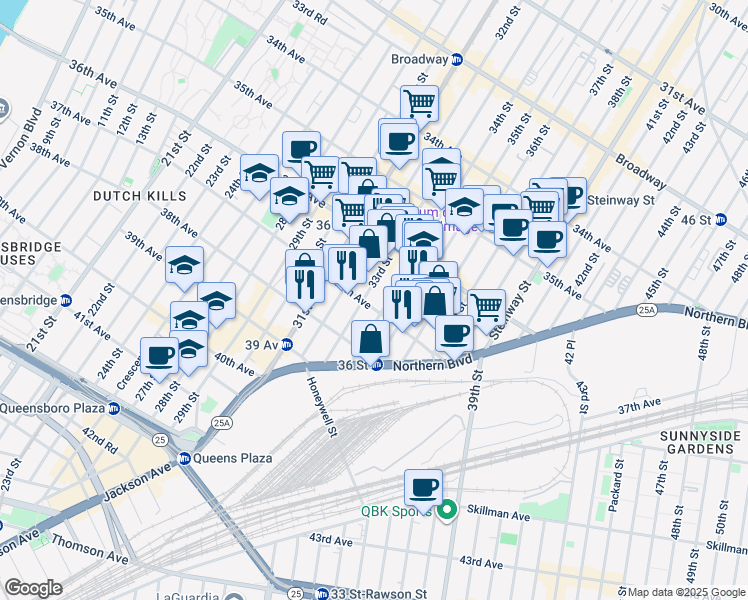 map of restaurants, bars, coffee shops, grocery stores, and more near 3708 34th Street in Queens
