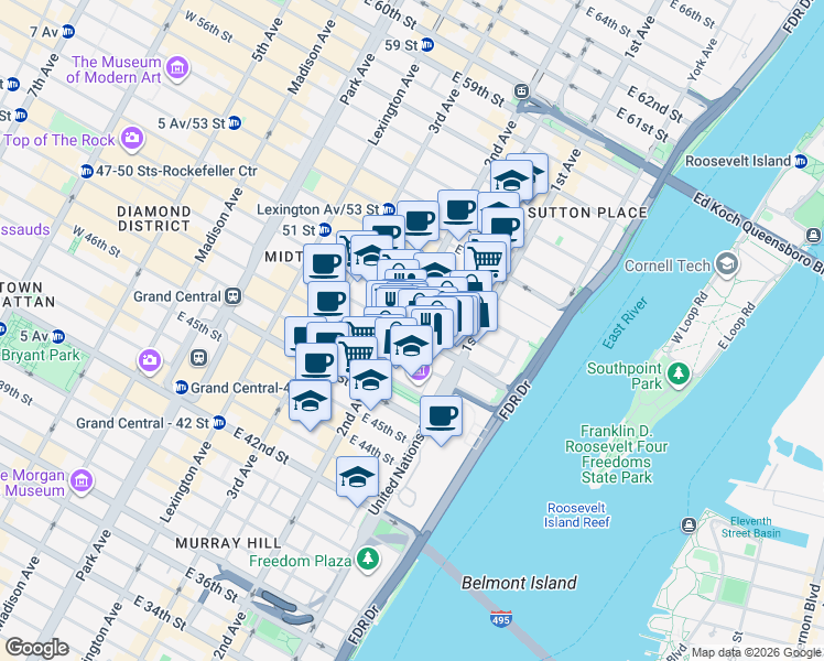map of restaurants, bars, coffee shops, grocery stores, and more near 320 East 49th Street in New York