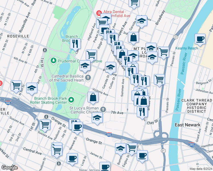 map of restaurants, bars, coffee shops, grocery stores, and more near 83 Garside Street in Newark