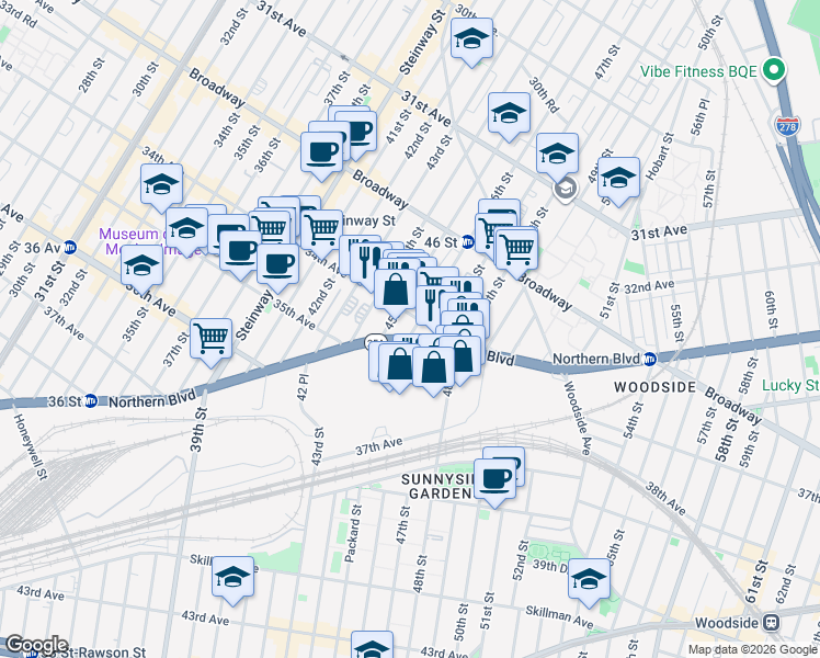 map of restaurants, bars, coffee shops, grocery stores, and more near 34-08 46th Street in Queens