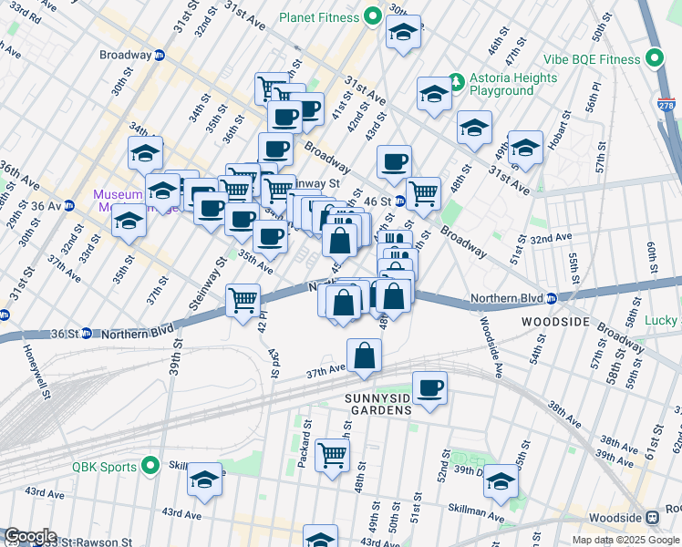 map of restaurants, bars, coffee shops, grocery stores, and more near 4700 Northern Boulevard in Queens