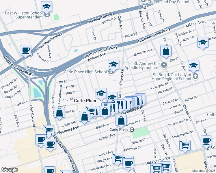 map of restaurants, bars, coffee shops, grocery stores, and more near 168 Cherry Lane in Carle Place