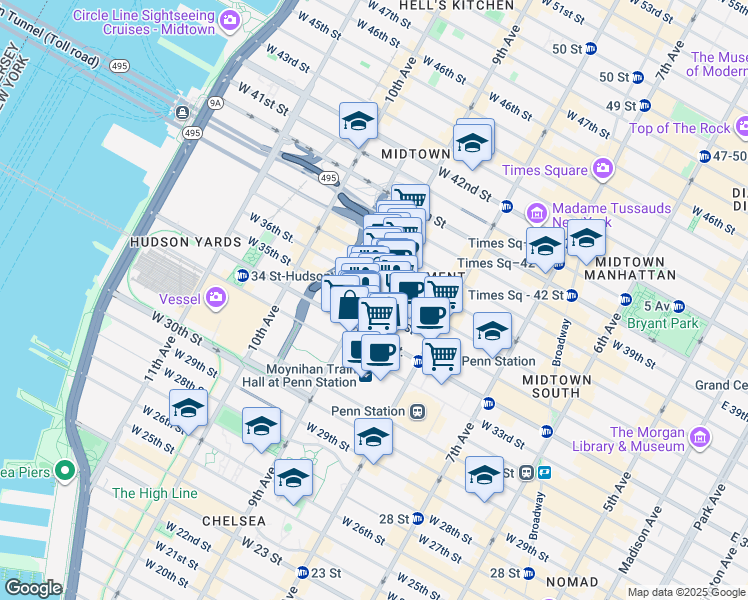 map of restaurants, bars, coffee shops, grocery stores, and more near 454 9th Avenue in New York