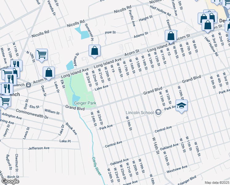 map of restaurants, bars, coffee shops, grocery stores, and more near 100 West 20th Street in Deer Park
