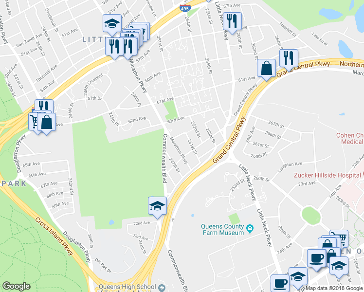 map of restaurants, bars, coffee shops, grocery stores, and more near 64-23 Marathon Parkway in Queens