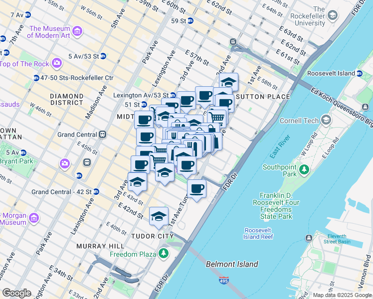map of restaurants, bars, coffee shops, grocery stores, and more near 320 East 49th Street in New York
