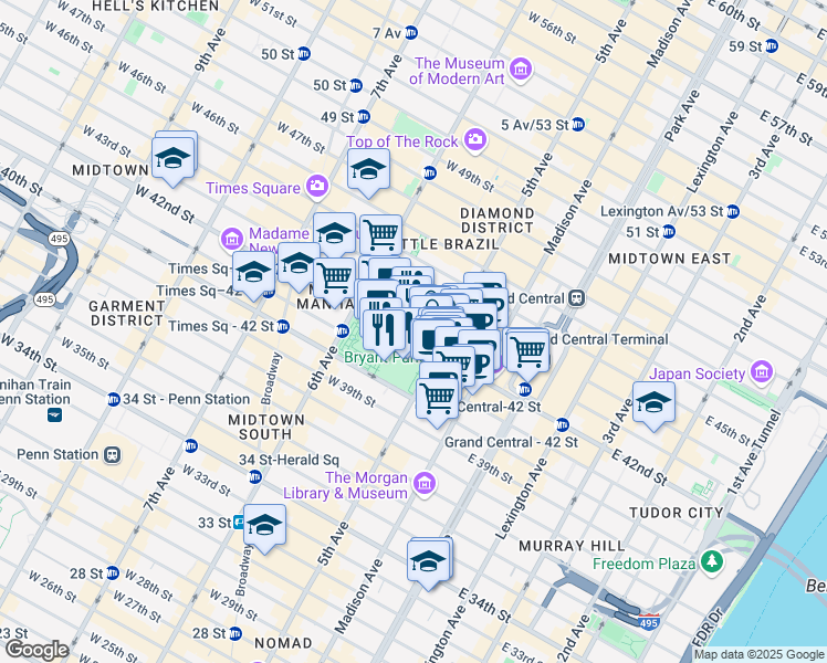 map of restaurants, bars, coffee shops, grocery stores, and more near 476 5th Avenue in New York