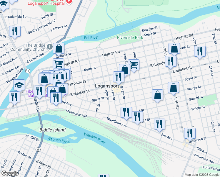 map of restaurants, bars, coffee shops, grocery stores, and more near 452-498 10th Street in Logansport