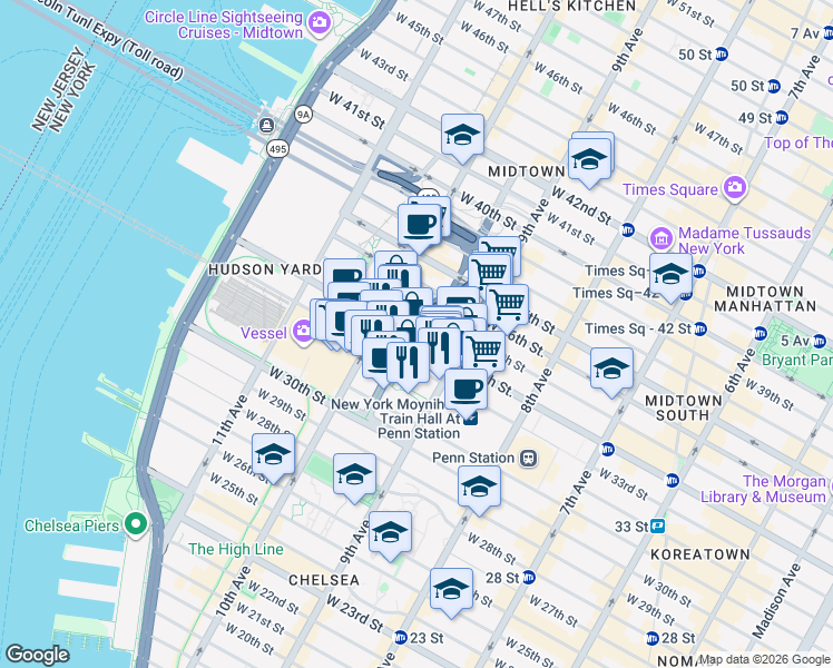 map of restaurants, bars, coffee shops, grocery stores, and more near 431 West 33rd Street in New York