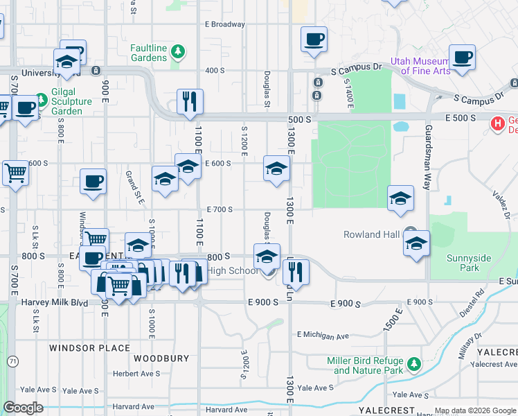 map of restaurants, bars, coffee shops, grocery stores, and more near 1225 East 700 South in Salt Lake City