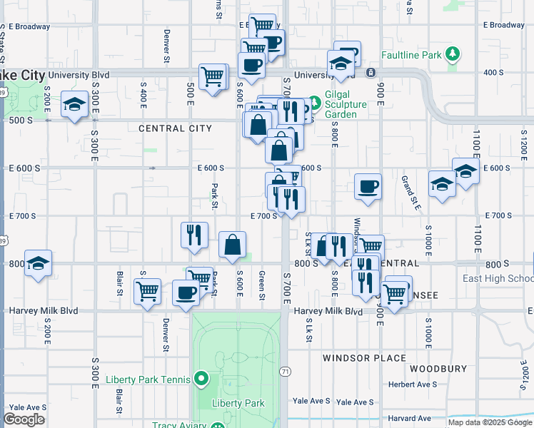 map of restaurants, bars, coffee shops, grocery stores, and more near 726 South 700 East in Salt Lake City