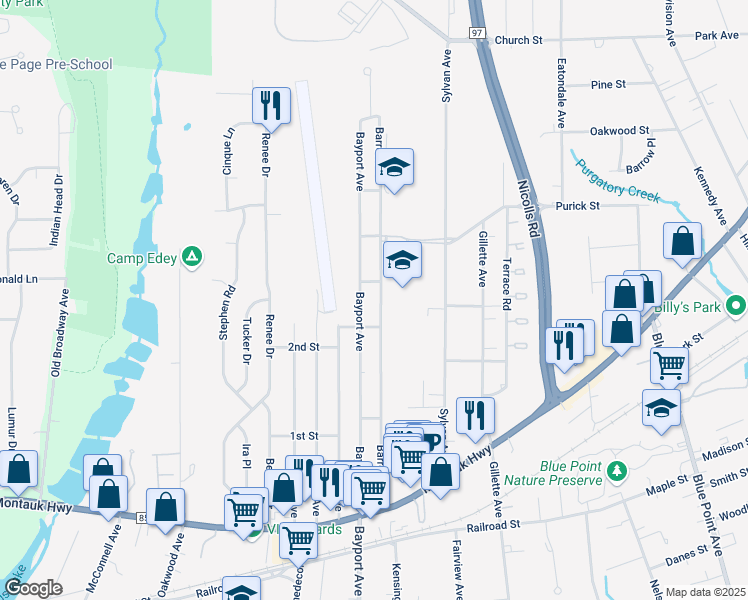 map of restaurants, bars, coffee shops, grocery stores, and more near 116 Barrett Avenue in Bayport